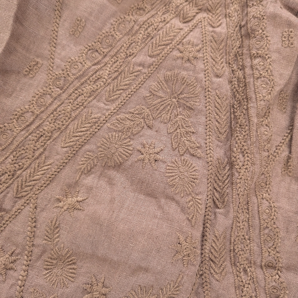 100% Linen Boho Embroidered Maxi Skirt - Taupe Small - Picture 7 of 7